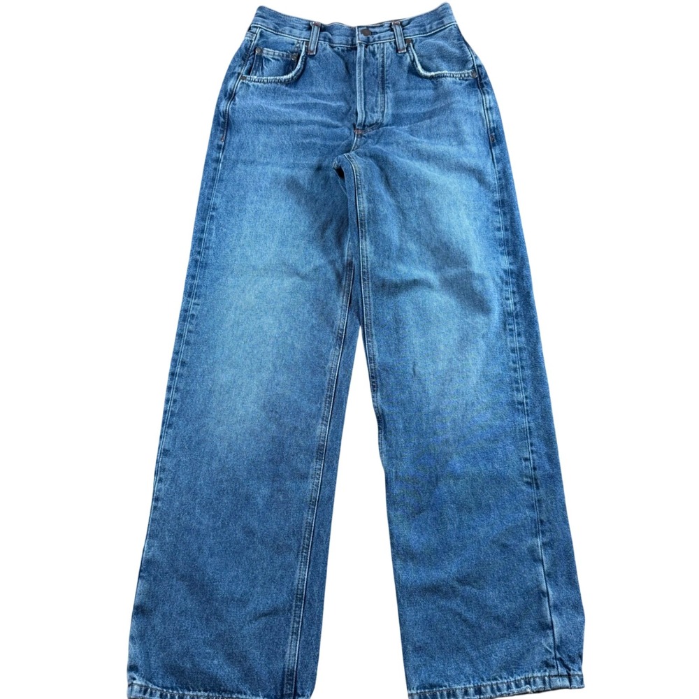 Pilcro Anthropologie mid Rise straight Leg Jeans 25 Blue Medium Wash preppy logo